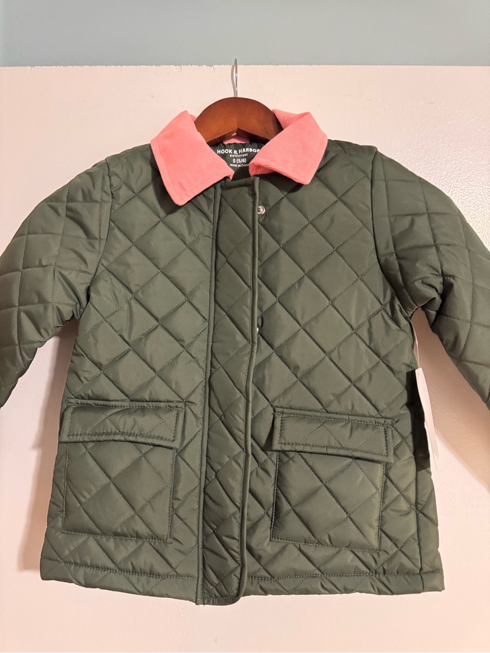 Kids Olive Quilted Puffer with Pink Corduroy Collar